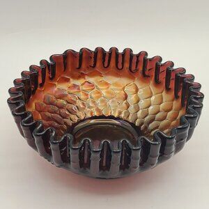 Antique Dugan Amethyst Carnival Glass Honeycomb and Beads Crimped Bowl 5.5" Diam